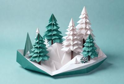 The primary subject of the image is a paper cutout of a forest, featuring trees and a mountain. The setting is a green background, which complements the natural theme of the scene. The visual style is a combination of digital art and illustration, as the paper cutout is skillfully crafted to resemble a real forest. The colors and mood of the image are predominantly green, which adds to the natural and serene atmosphere of the scene.